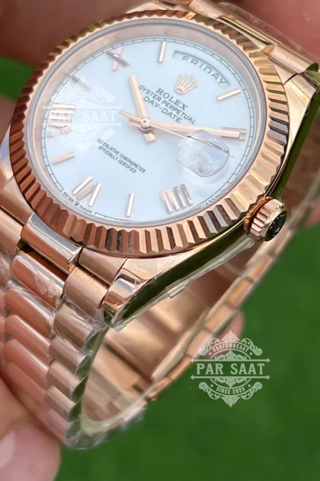 Rolex Day-Date Rose White Dial Fluted Bezel 228235