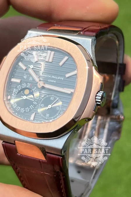 Patek 5712 Gri Kadran Çift Renk Kahve Deri Kordon