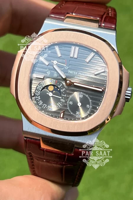 Patek 5712 Gri Kadran Çift Renk Kahve Deri Kordon